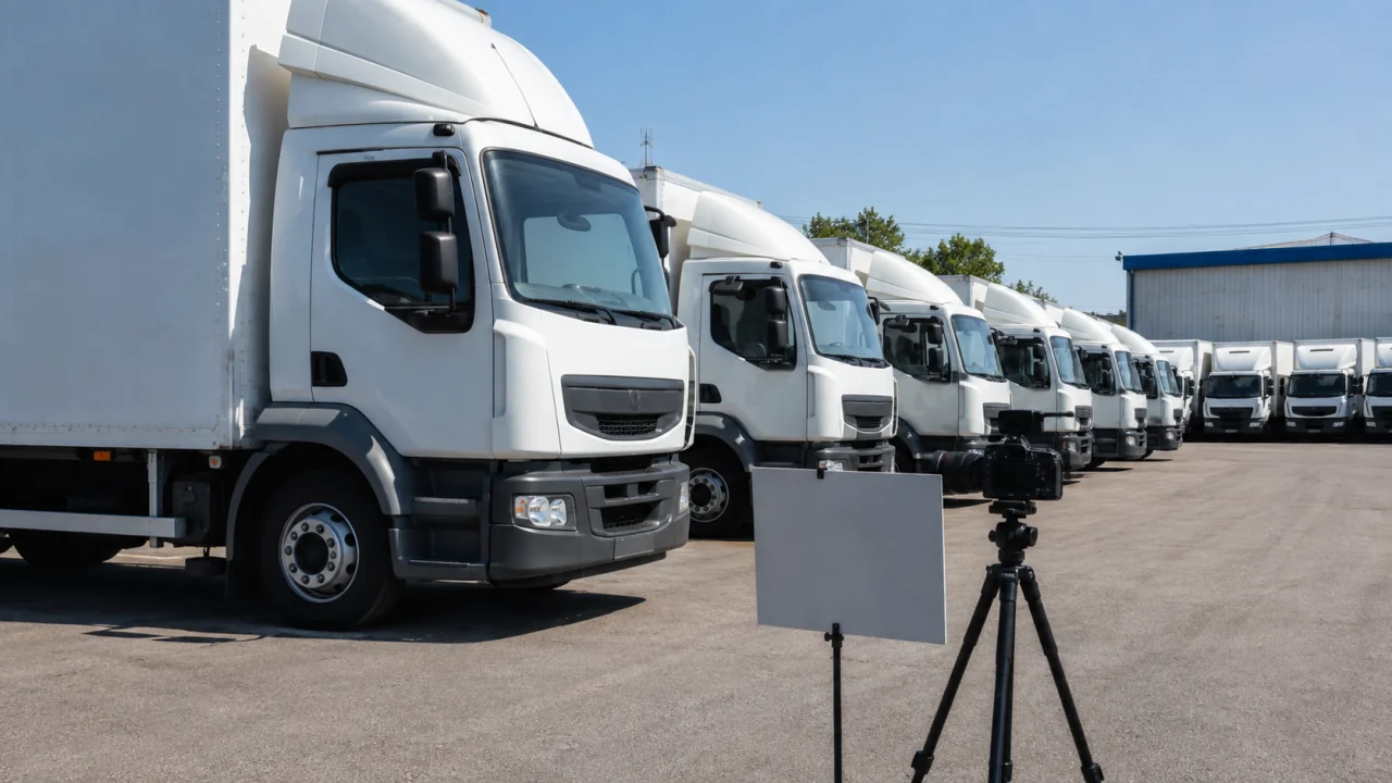 阳光车队场地里的整齐无品牌货车、相机与隐私遮挡卡